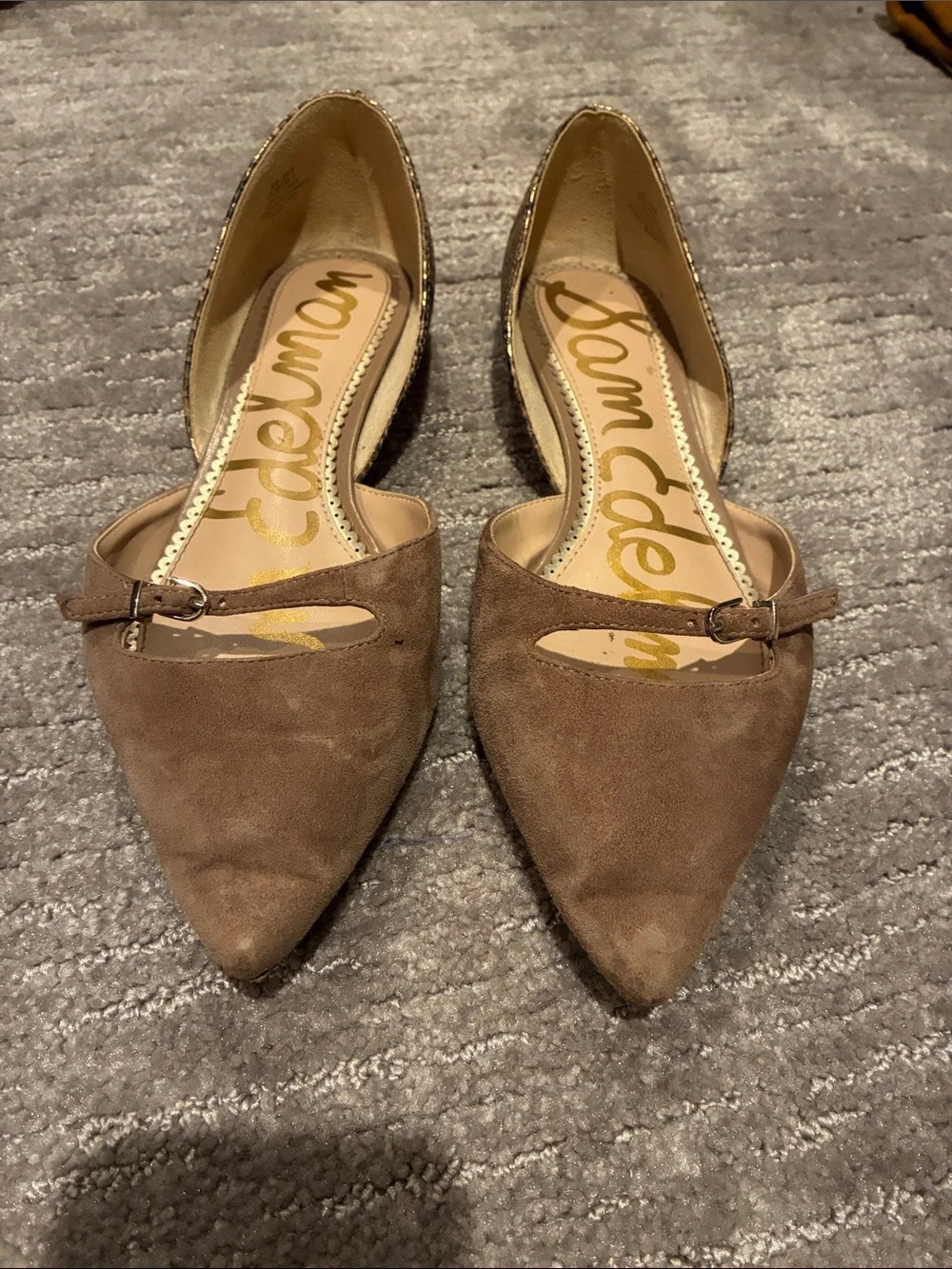 Sam Edelman Taupe Suede Pointed-Toe D'Orsay Flats with Strap